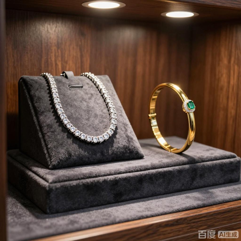 Custom bespoke diamond tennis bracelet and gold bangle displayed on velvet stand in luxury jewelry showroom