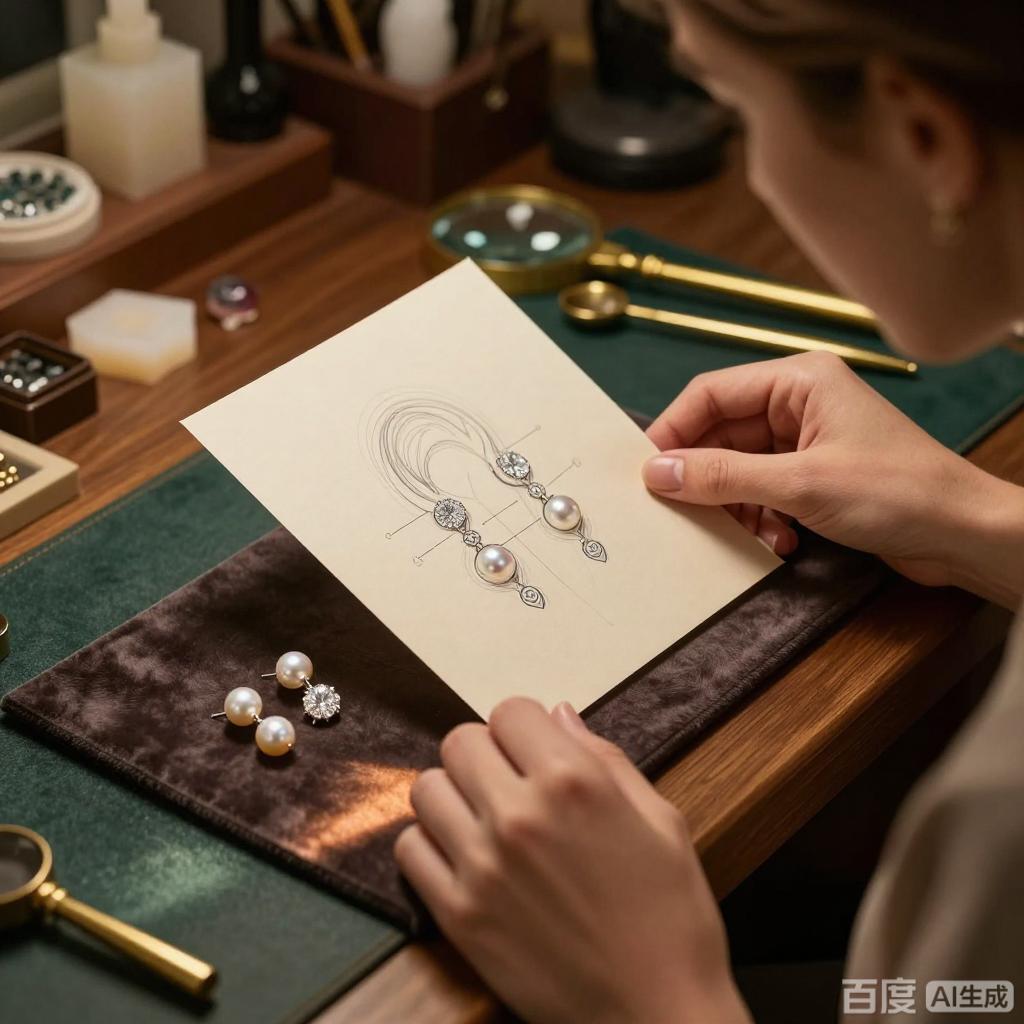 Bespoke earrings design consultation in luxury jewelry studio with designer showing earring sketches and samples